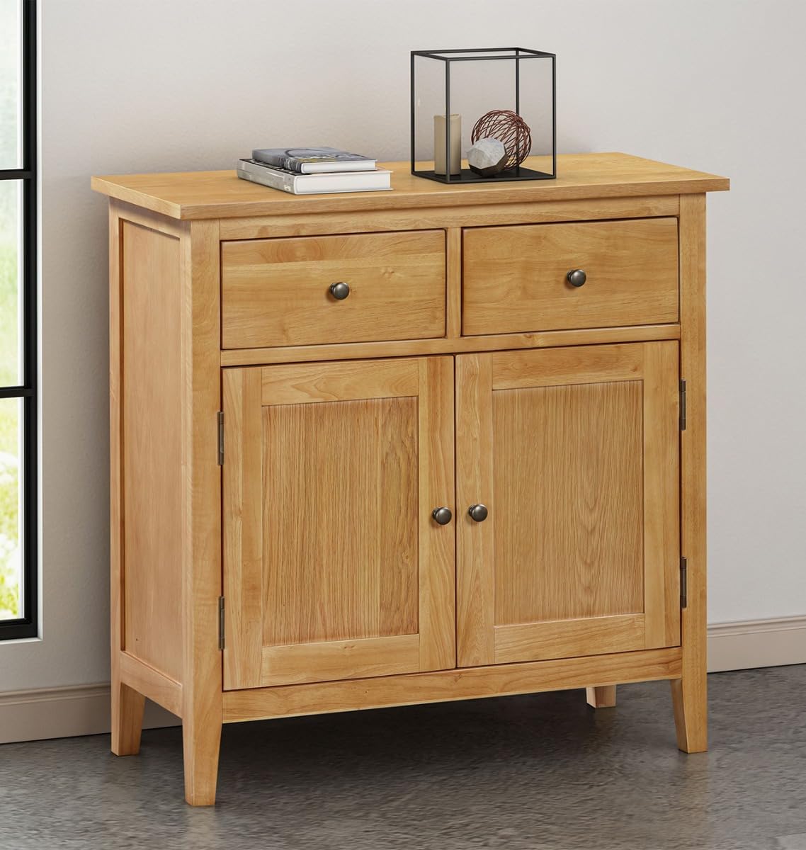 Credenza Hallowood Furniture, 2 cassetti, 33 × 75 × 75 cm, legno massello, Rovere, regolabile, per soggiorno e camera da letto