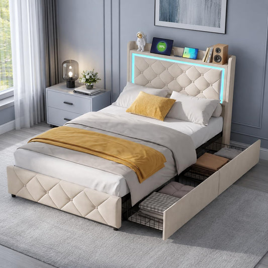 Letto contenitore BSMGSGN, 2 cassetti, singolo, 90 × 200 cm, velluto, Beige, con contenitore, regolabile, con ruote, con rete a doghe