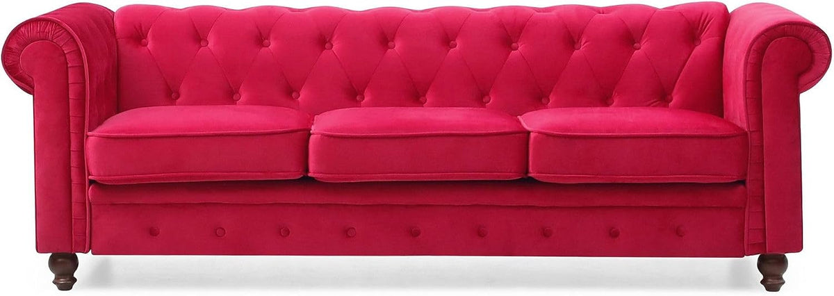 Divano Menzzo, 3 posti, 80 × 207 × 72 cm, legno, velluto, Rosso, trasformabile, per soggiorno