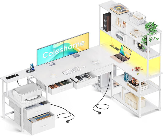 Scrivania Coleshome, 5 cassetti, 4 ripiani, 180 × 100 × 154,2 cm, Bianco, con illuminazione LED, con porta USB, per ufficio
