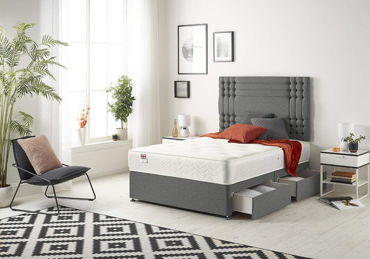 Divano letto Bed Centre, 2 cassetti, matrimoniale, materasso incluso, lino, memory foam, Grigio, per soggiorno