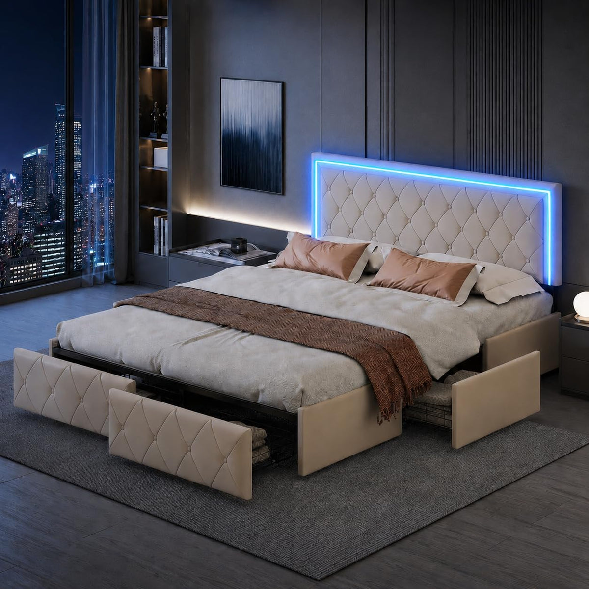 Letto contenitore JDEFARF, 4 cassetti, matrimoniale, 160 × 200 cm, legno, pelle, Bianco, con contenitore, regolabile, con rete a doghe, imbottito