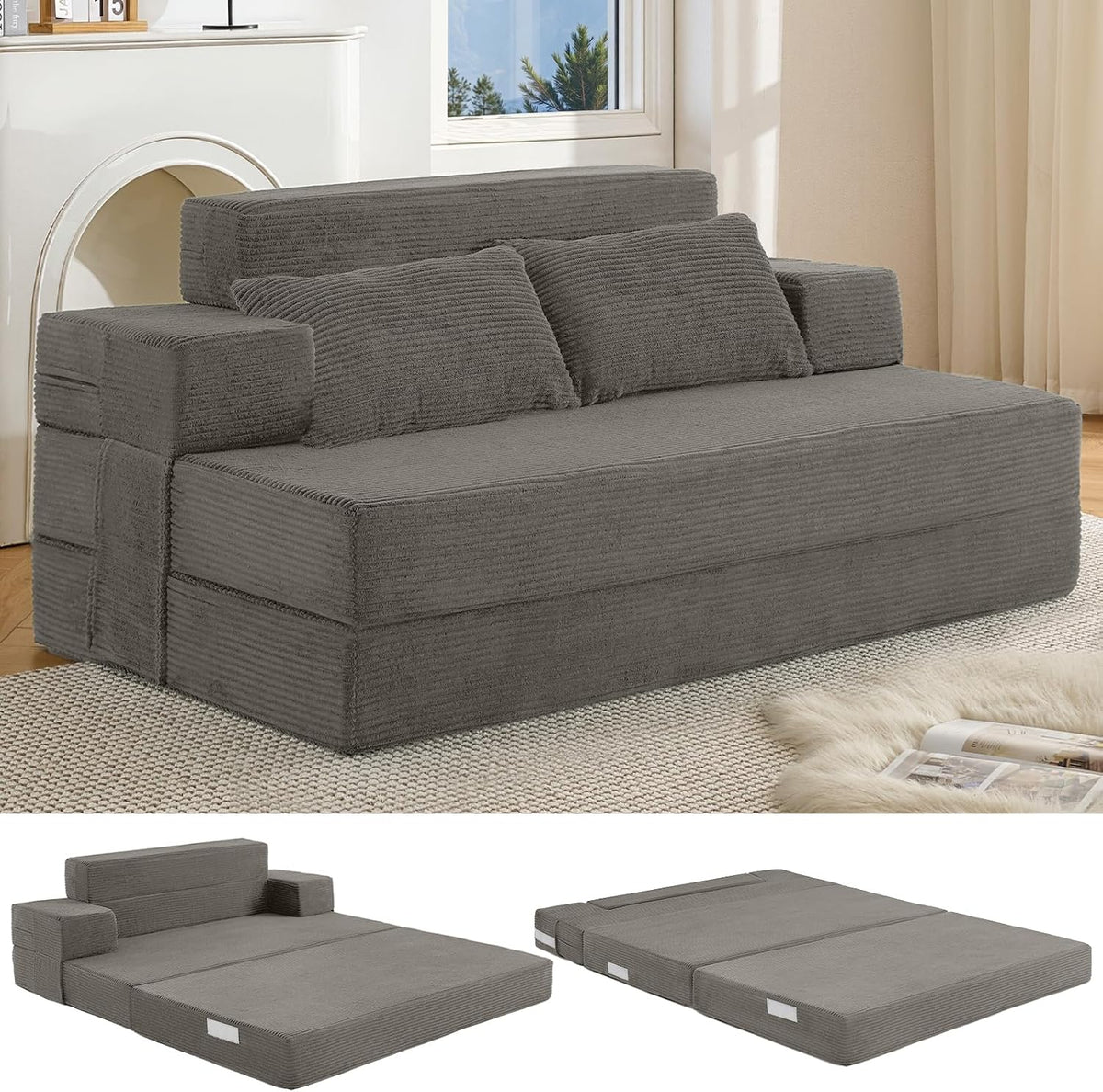 Divano letto Fantico, queen size, 3 in 1, trasformabile, pieghevole, con braccioli, imbottito, per soggiorno