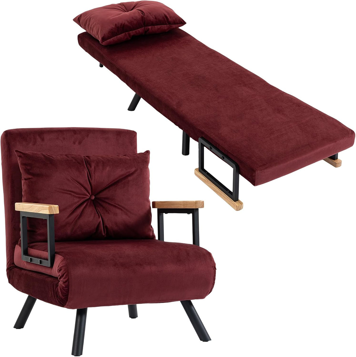 Poltrona letto HOMCOM, singolo, velluto, tessuto, Rosso, trasformabile, reclinabile, regolabile, pieghevole, con braccioli, per soggiorno