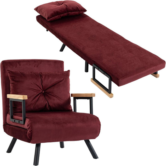 Poltrona letto HOMCOM, singolo, velluto, tessuto, Rosso, trasformabile, reclinabile, regolabile, pieghevole, con braccioli, per soggiorno