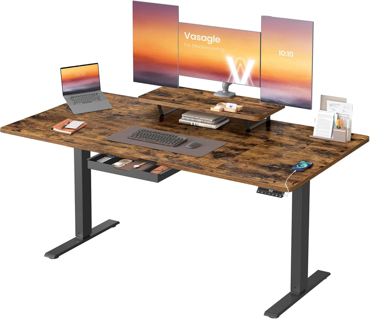Scrivania VASAGLE LSD156KD01, 160 × 80 cm, altezza regolabile 72-120 cm, metallo, Marrone, con porta USB, per ufficio