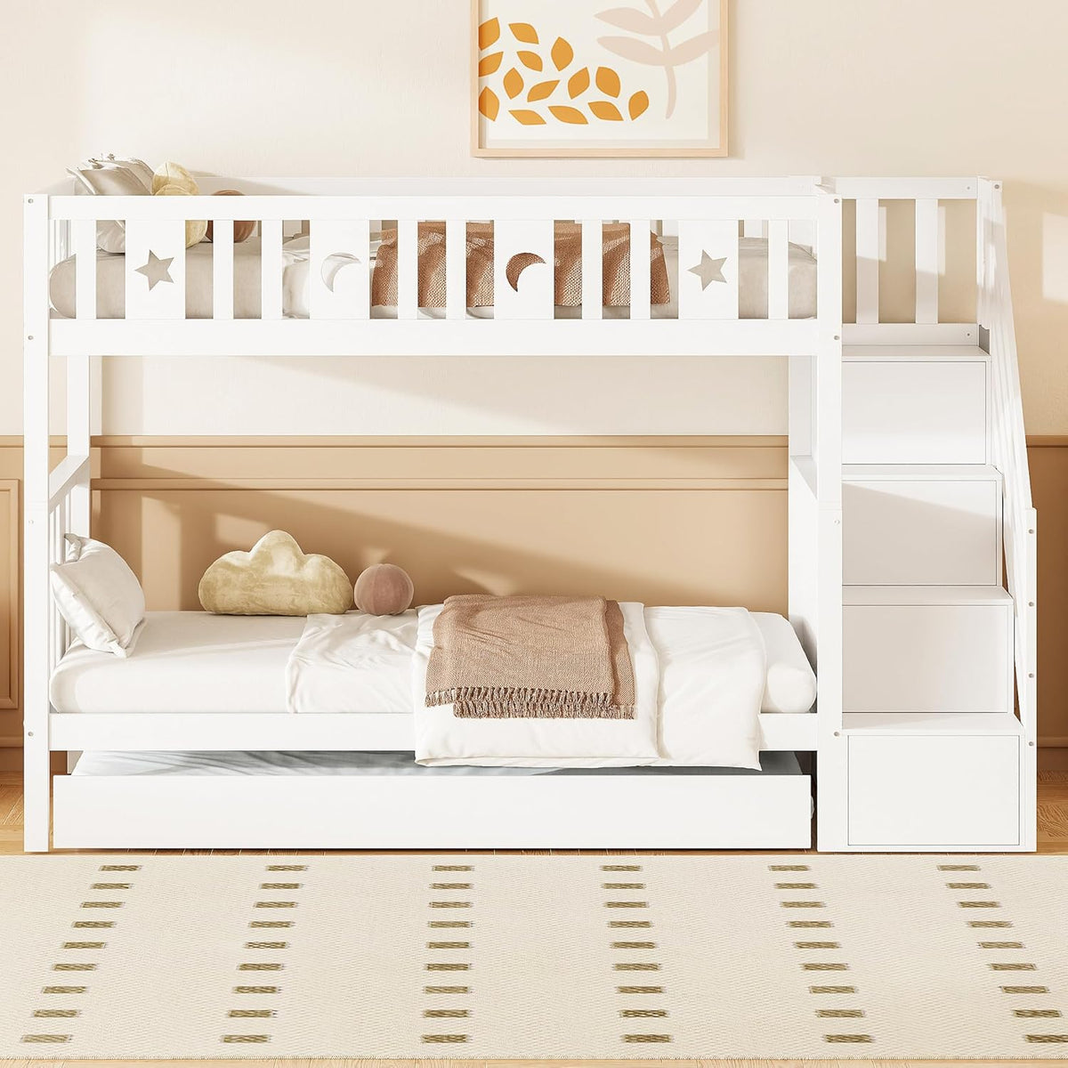 Letto a castello Moimhear, 90 × 200 cm, 90 × 190 cm, legno massello, Bianco, trasformabile, con rete a doghe, per camera da letto
