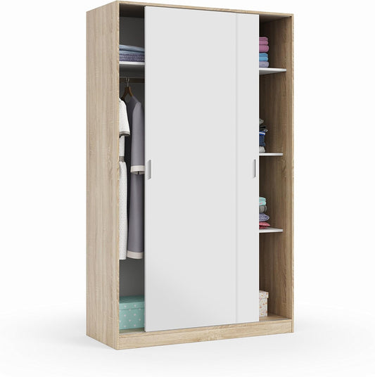 Armadio guardaroba Dmora, 4 ripiani, 2 ante, 200 × 120 × 50 cm, Bianco, con ante scorrevoli, per camera da letto
