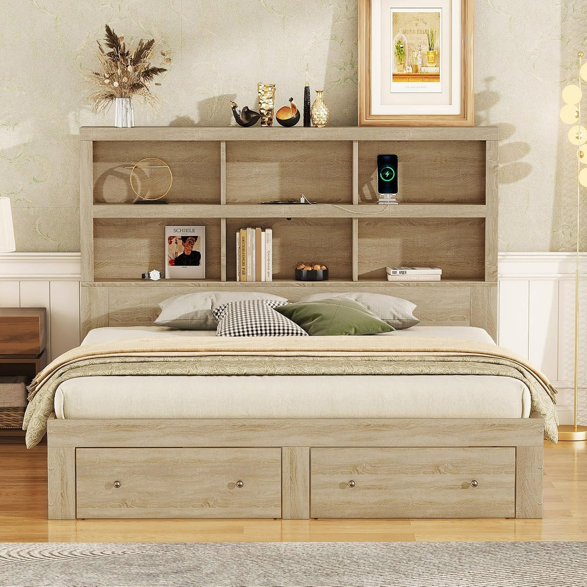 Letto KecDuey, matrimoniale, 219 × 163 × 130 cm, legno massello, Naturale, con porta USB, per camera da letto