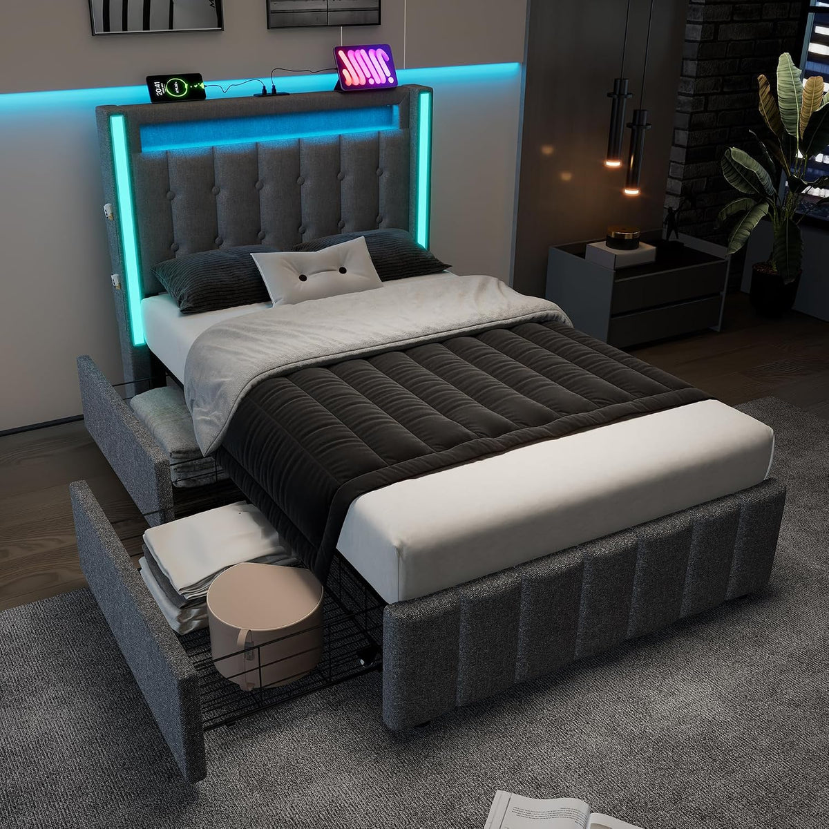 Letto Huayz, 2 cassetti, singolo, 90 × 200 cm, legno, lino, Grigio, con rete a doghe, con porta USB, imbottito, per camera da letto