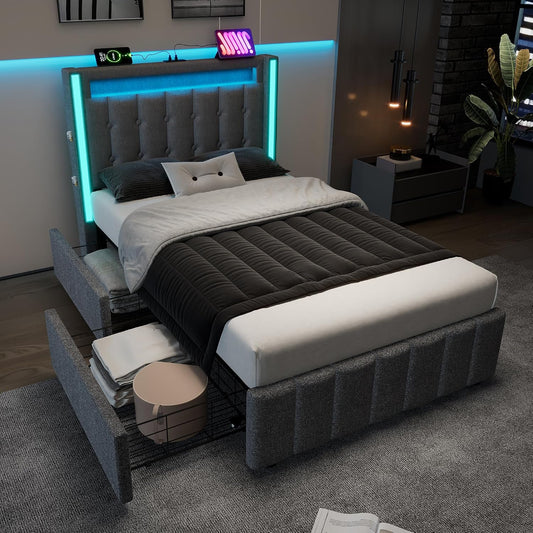 Letto Huayz, 2 cassetti, singolo, 90 × 200 cm, legno, lino, Grigio, con rete a doghe, con porta USB, imbottito, per camera da letto