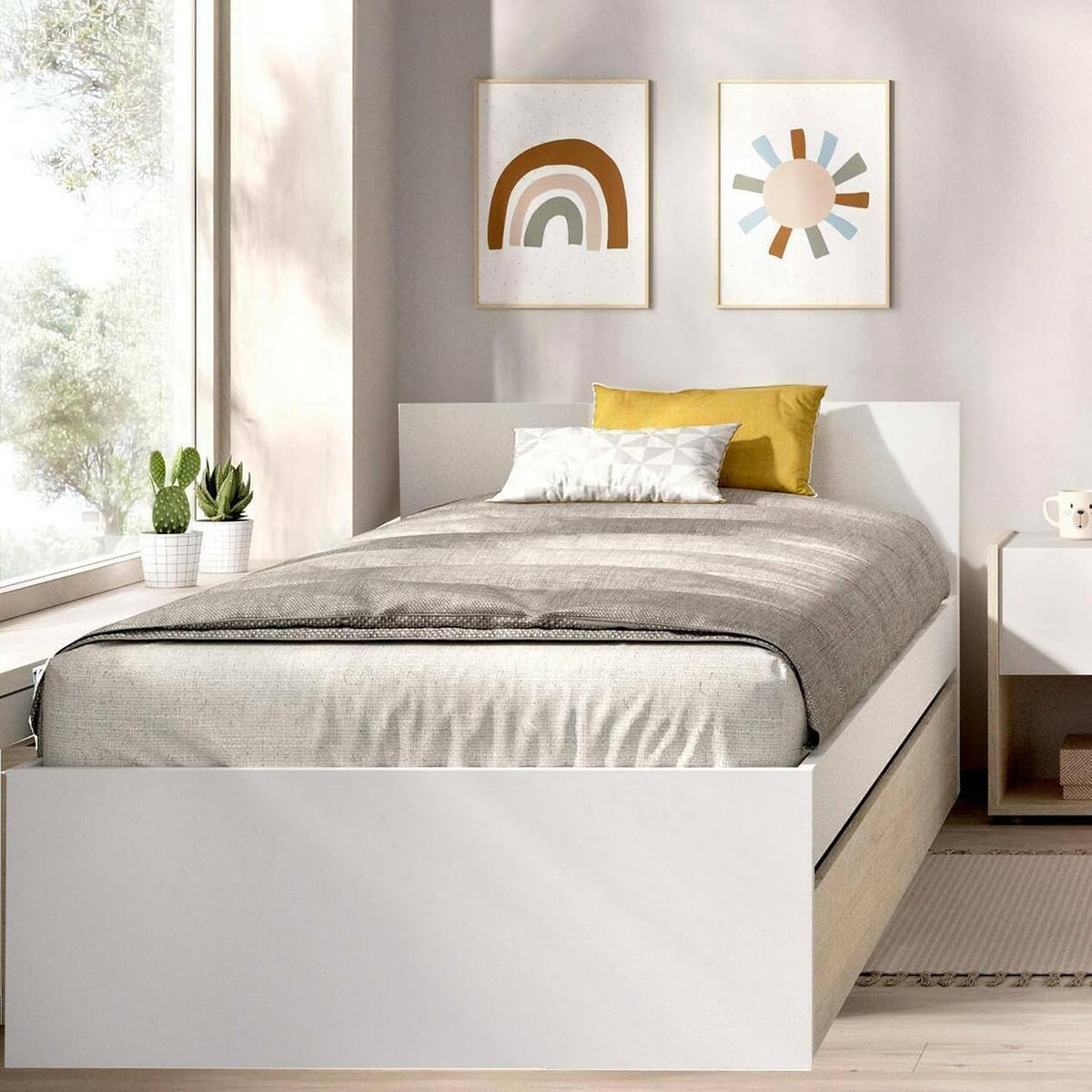 Letto Dmora, singolo, 190 × 90 cm, misura 96 × 195, Bianco e rovere, per camera da letto