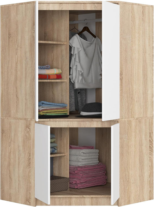 Armadio BDW, Bianco e rovere, per camera da letto, Grande e Largo 100 cm, Alto 180 cm, Con Asta e Ripiani