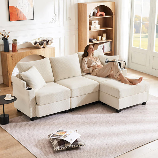 Divano angolare Soweiz, 3 posti, 213,5 × 139 × 87 cm, Beige, trasformabile, reclinabile, con poggiapiedi, con braccioli, con porta USB