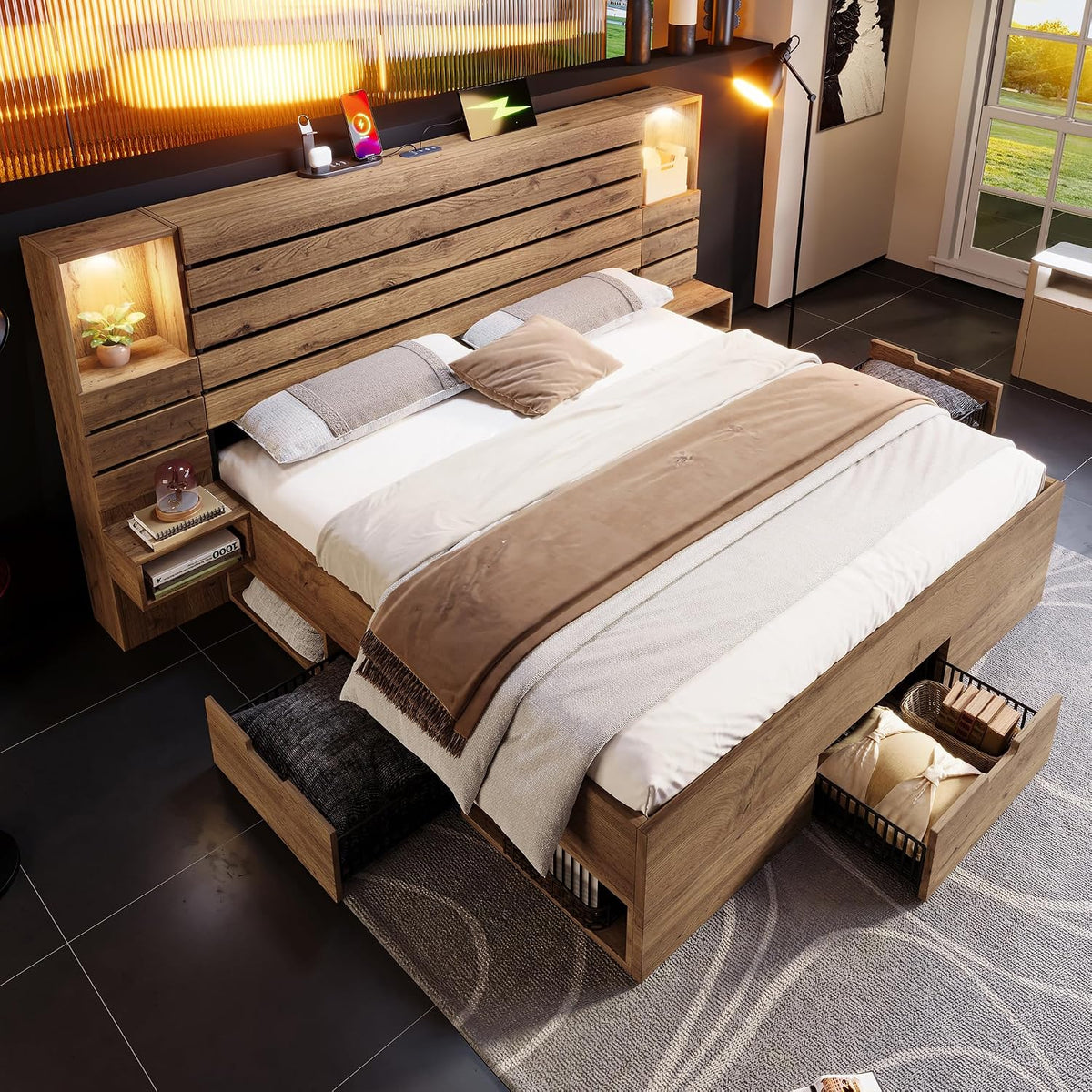 Letto contenitore Lubvtti, matrimoniale, 218 × 250 × 100 cm, misura 180 × 200, legno, Rovere, con porta USB, per camera da letto