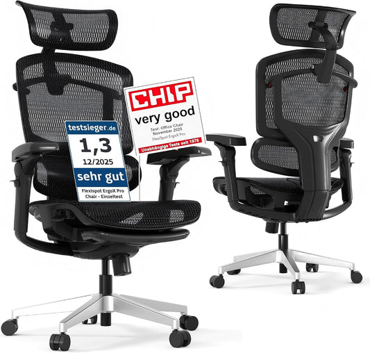 Sedia da ufficio FLEXISPOT, Nero, regolabile, con poggiapiedi, con poggiatesta, con braccioli, per ufficio