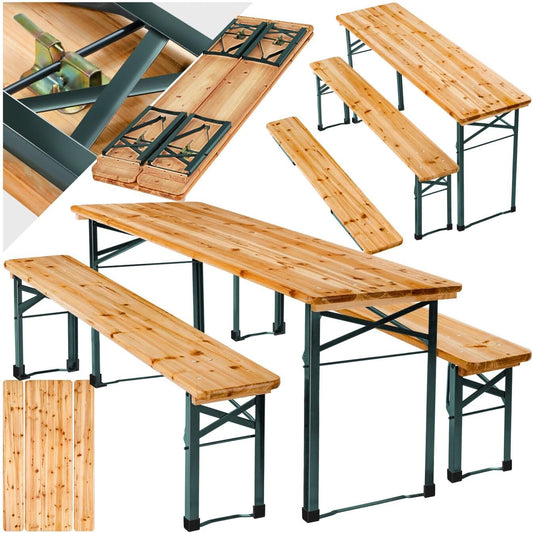 Set tavolo e panche tectake, set 3 pezzi, 170 × 46 × 77 cm, acciaio, pieghevole, per giardino e terrazzo
