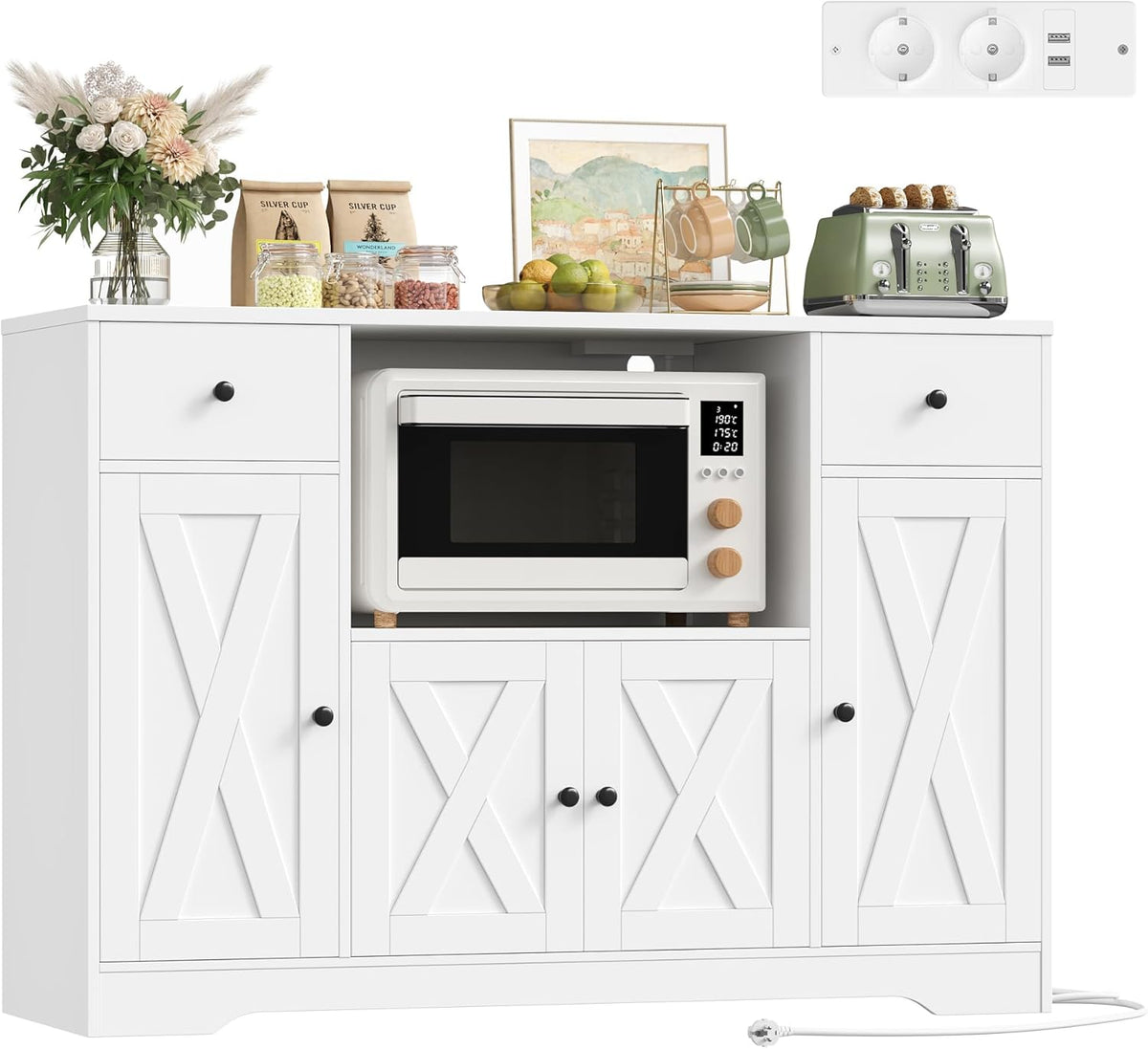 Credenza HOCSOK, 120 × 85 × 40 cm, legno, regolabile, con porta USB, per soggiorno e sala da pranzo