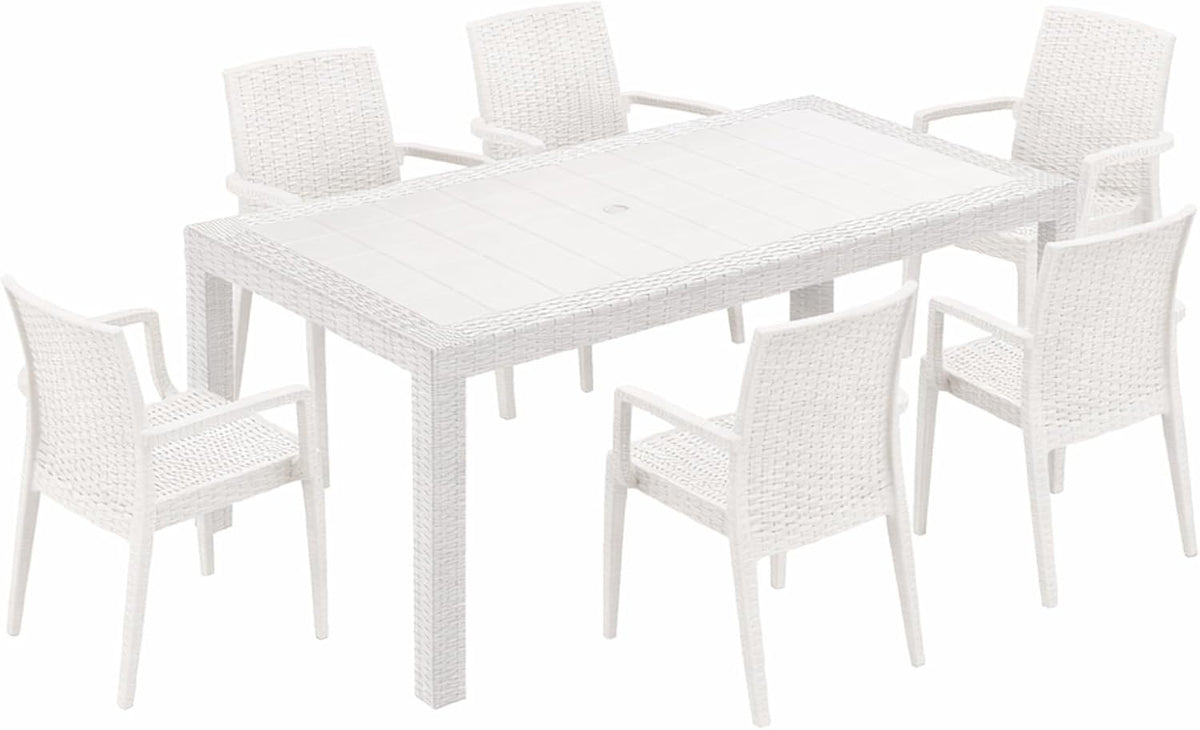 Set da pranzo da giardino HOUSE COLLECTION ARE052 ARE054, 6 sedie, rattan, Bianco, per giardino e terrazzo