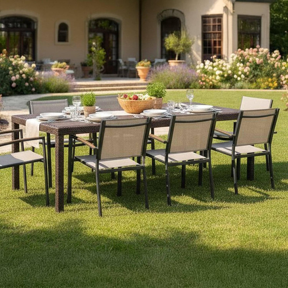Tavolo da pranzo Dmora, 150 × 90 × 72 cm, rattan, Marrone, allungabile, idrorepellente, per giardino e terrazzo