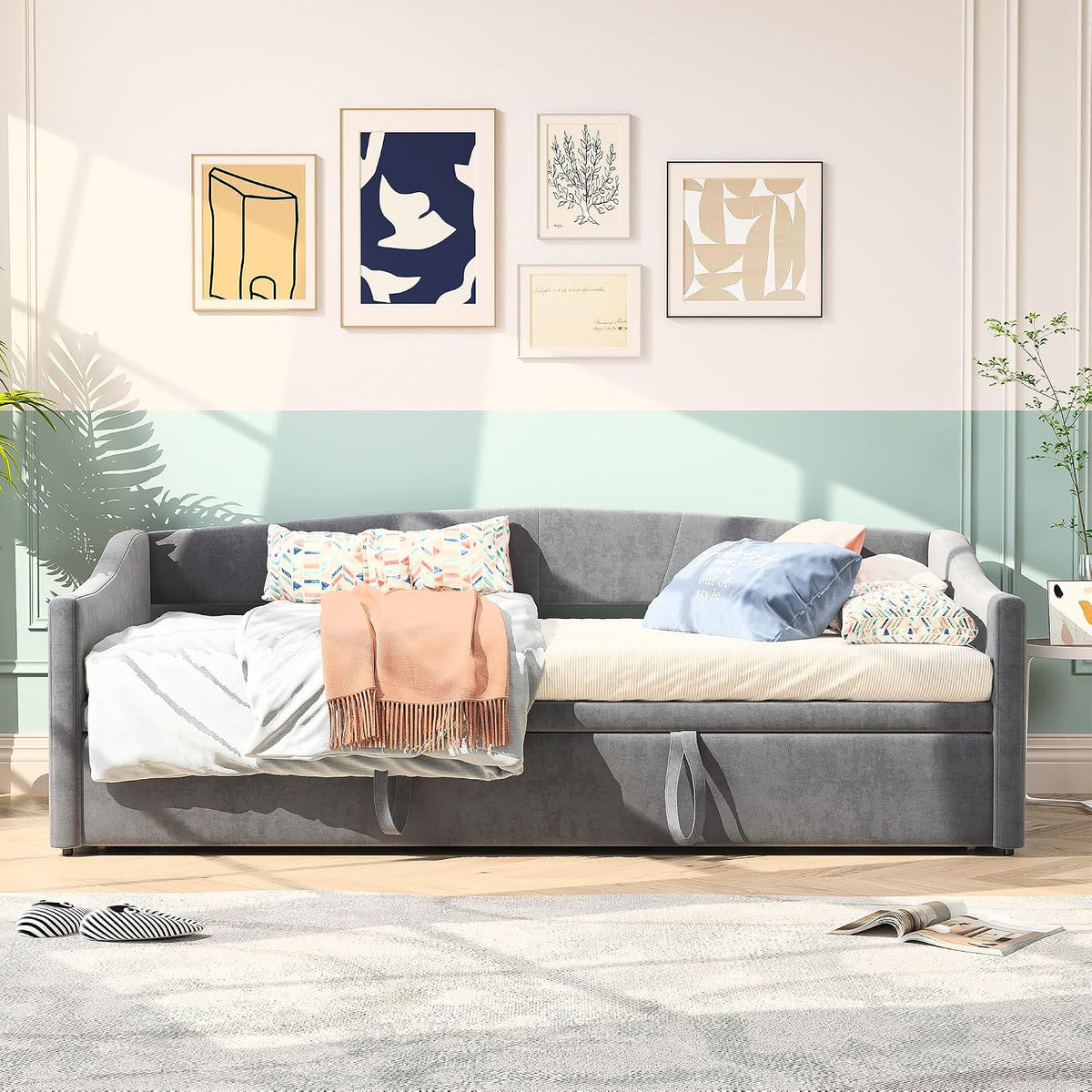 Divano letto KeepGoon, matrimoniale, singolo, 180 × 200 cm, velluto, tessuto, allungabile, pieghevole, con braccioli, con rete a doghe, imbottito