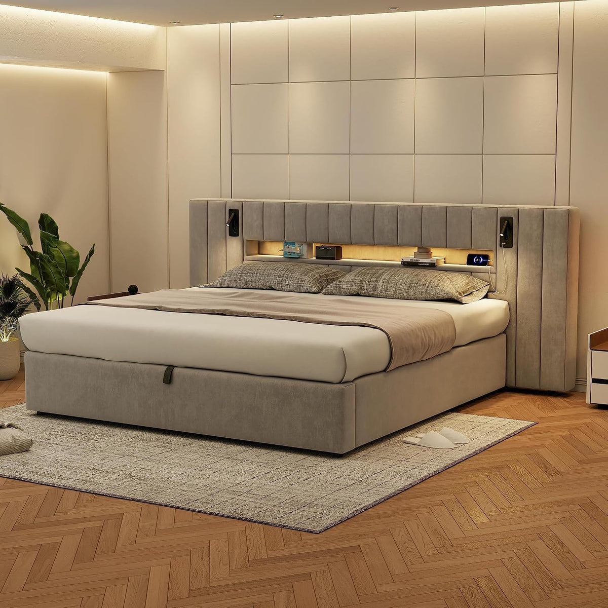 Struttura letto Moimhear, matrimoniale, 180 × 200 cm, velluto, Grigio, con contenitore, con porta USB, imbottita, per camera da letto