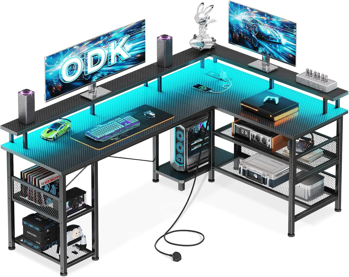 Scrivania ODK, con illuminazione LED, con porta USB, per ufficio, con presa di corrente e luci LED