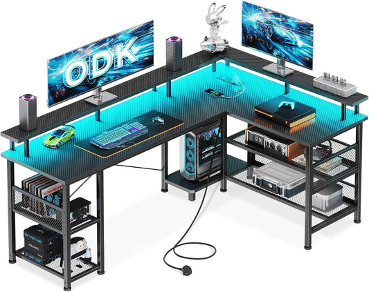Scrivania ODK, con illuminazione LED, con porta USB, per ufficio, con presa di corrente e luci LED